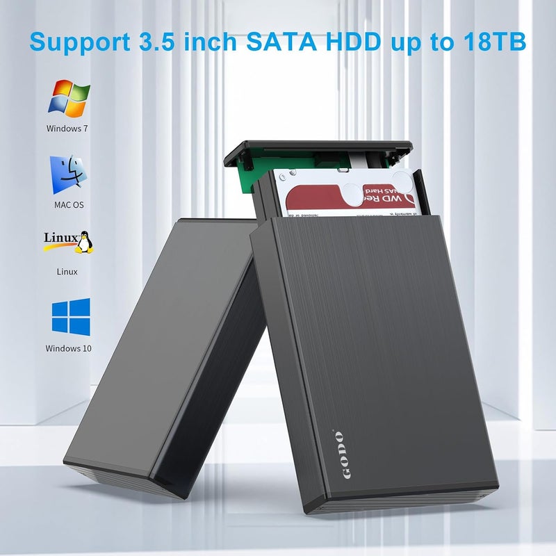 Godo حافظة القرص الصلب 3.5 بوصة USB 3.0، قاعدة عمودية خارجية مع حامل للقرص الصلب SATA HDD SSD 3.5 بوصة، علبة محرك من سبائك الألمنيوم تدعم حتى 18TB مع UASP، محول طاقة - Image 5